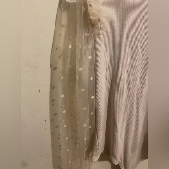 Women's  Turtle Neck Polka Dot Sheer Mesh Puff Long Sleeve Bodysuit Blouses - Picture 3 of 7